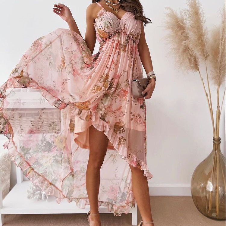 Floral print high-low Bohemian Summer Sling Dress for women’s fashion ملابس