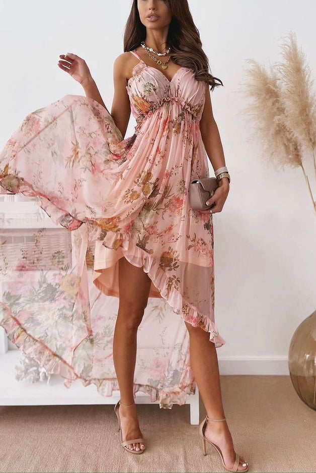 Floral print high-low Bohemian Summer Sling Dress for women’s fashion ملابس