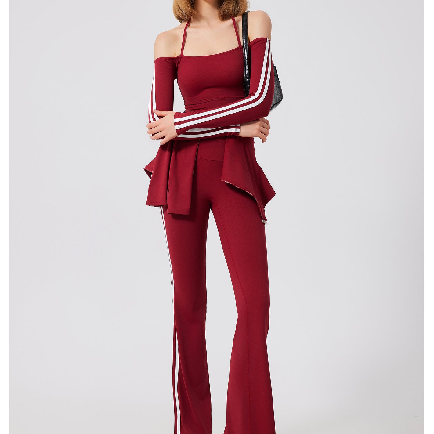 Red peplum running skin friendly fitness top with white stripes and flared pants