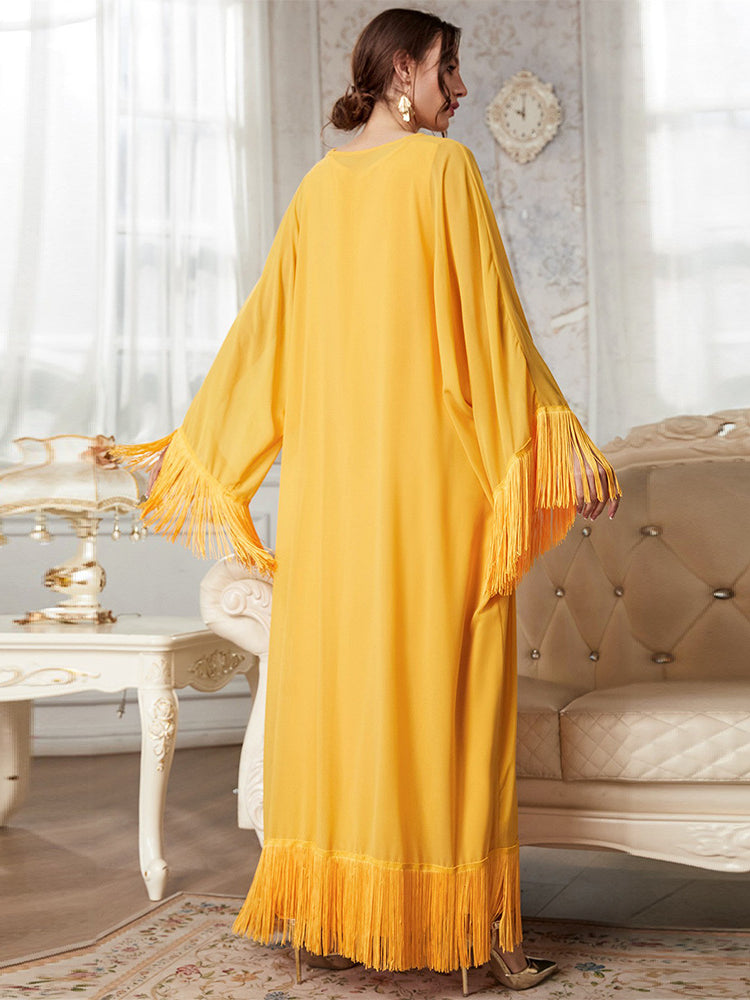 Stunning yellow tassel langry fashion blouse dress with bell sleeves and open back