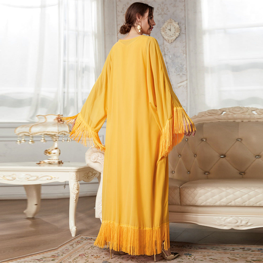Stunning yellow tassel langry fashion blouse dress with bell sleeves and open back