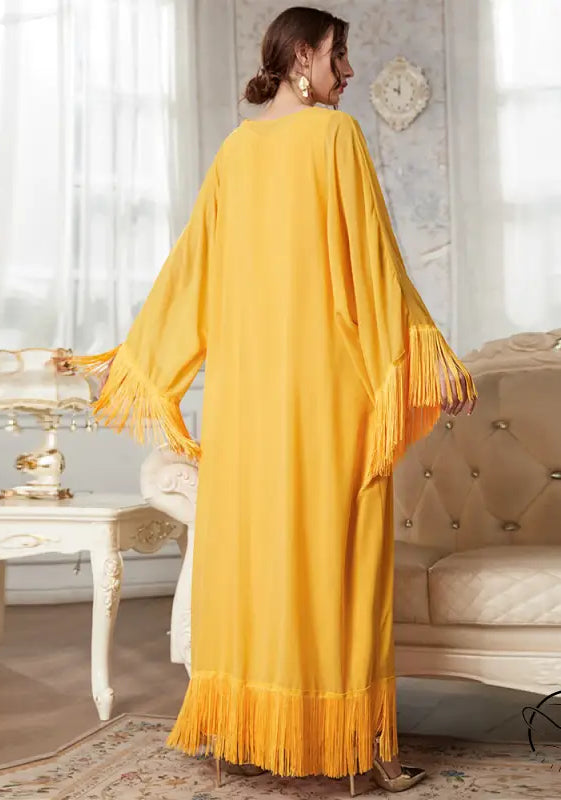Yellow tassel langry fashion dress with bell sleeves and open back