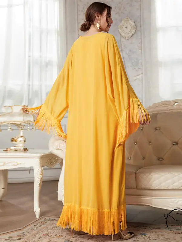 Yellow tassel langry fashion dress with bell sleeves and open back