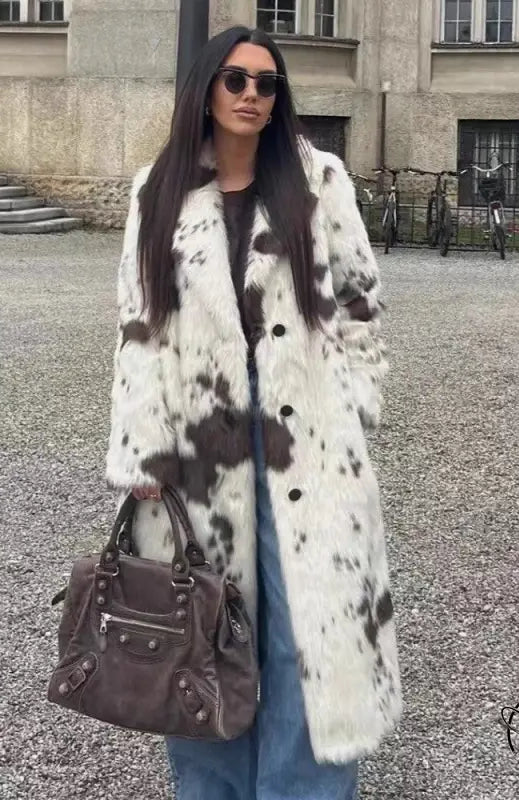 Cozy faux fur long coat with cow print, brown leather accents