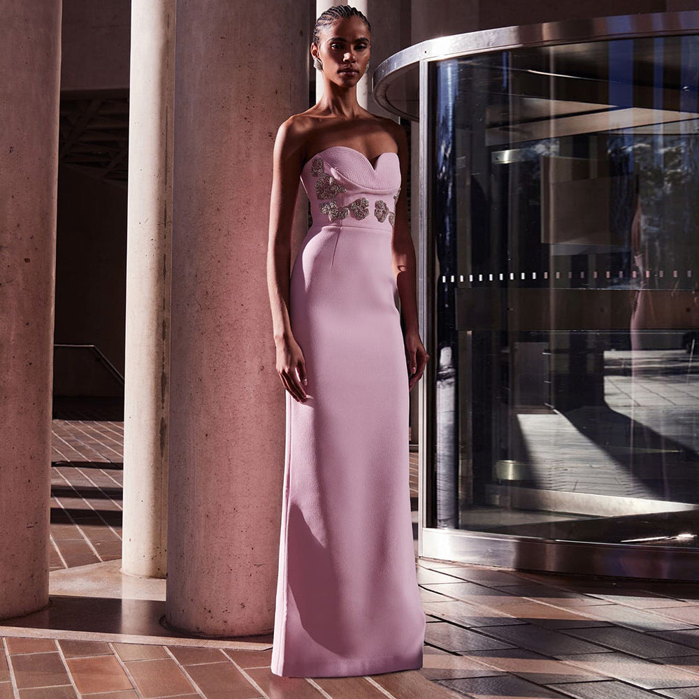 Elegant Pink Tube Top Maxi Dress showcasing a stylish strapless pink formal gown