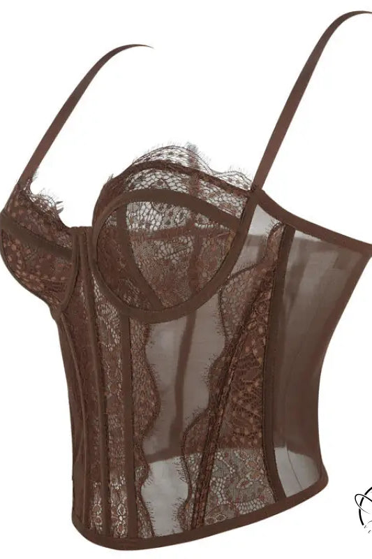 Brown lace lingerie set with sheer mesh and adjustable straps in Camisole Outerwear Top Bra fashion