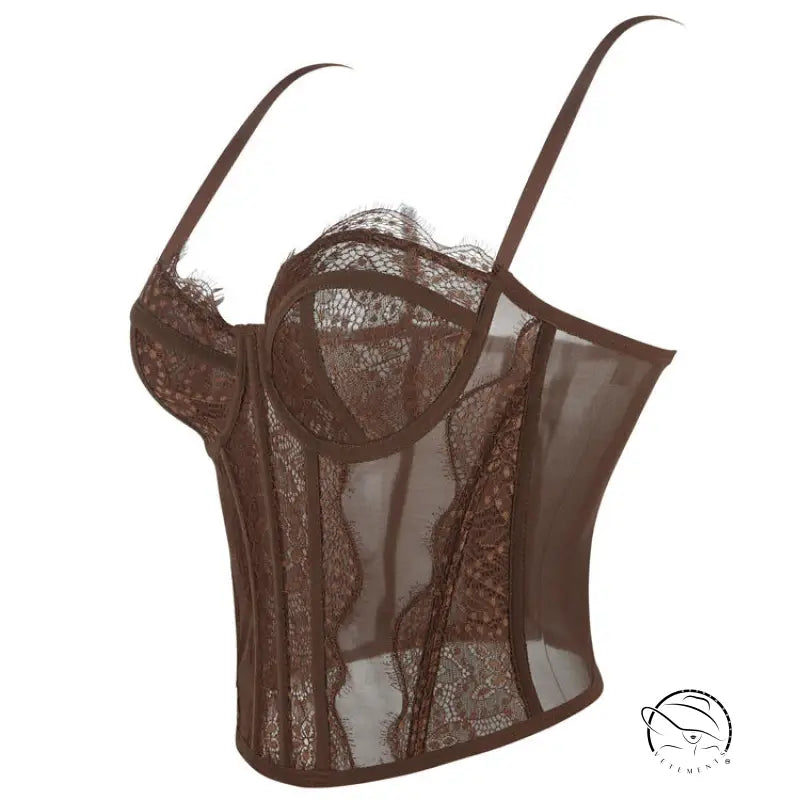 Brown lace lingerie set with sheer mesh and adjustable straps in Camisole Outerwear Top Bra fashion