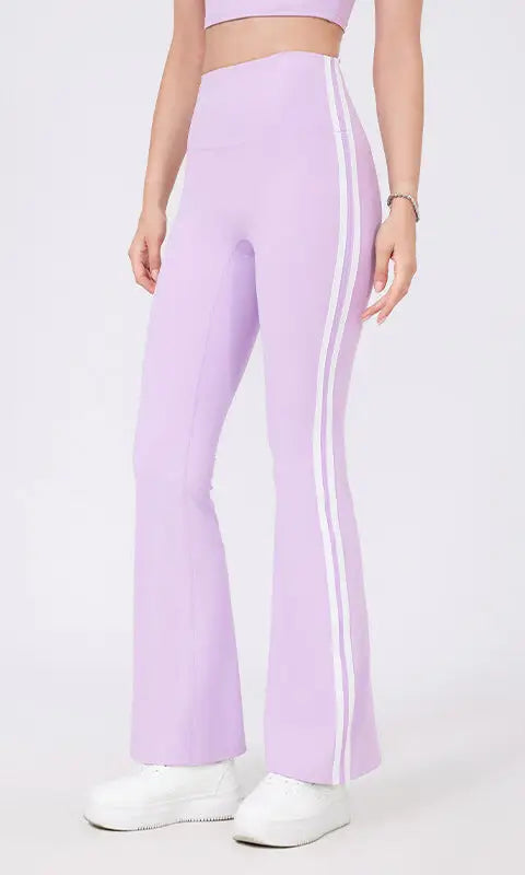 Lilac high waist yoga pants with white stripes and peach hip raise design