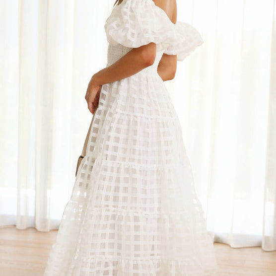 White off-the-shoulder midi dress from Enchanting Lantern Sleeve Dress collection in Langry fashion