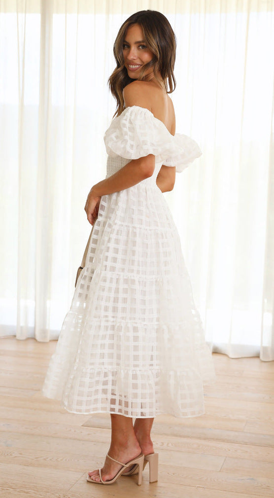 White off-the-shoulder midi dress from Enchanting Lantern Sleeve Dress collection in Langry fashion