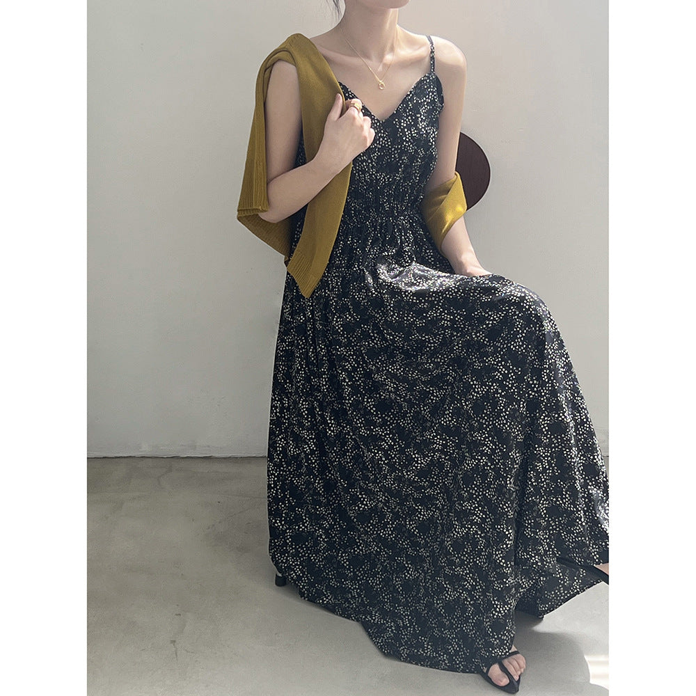 Black and white floral strap dress, FRENCH FLORAL STRAP DRESS for elegant style