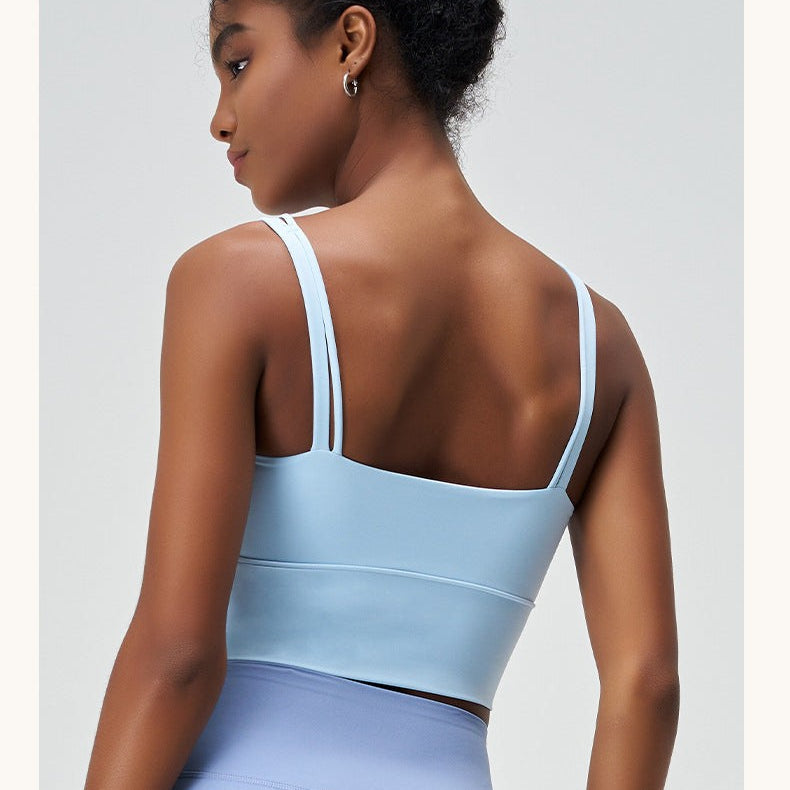 Light blue double-strap sports bra from CUTE PLEATED MESH YOGA VEST in Glacier Blue