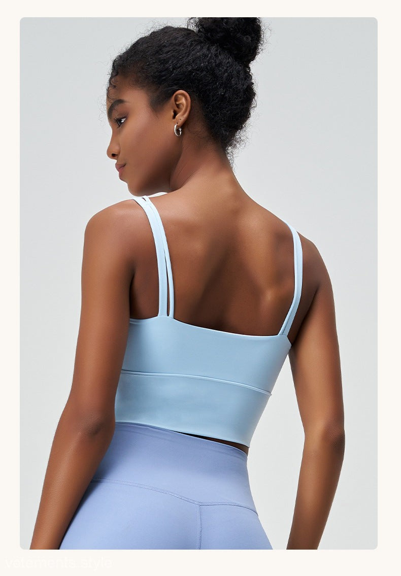 Light blue double-strap sports bra from CUTE PLEATED MESH YOGA VEST in Glacier Blue