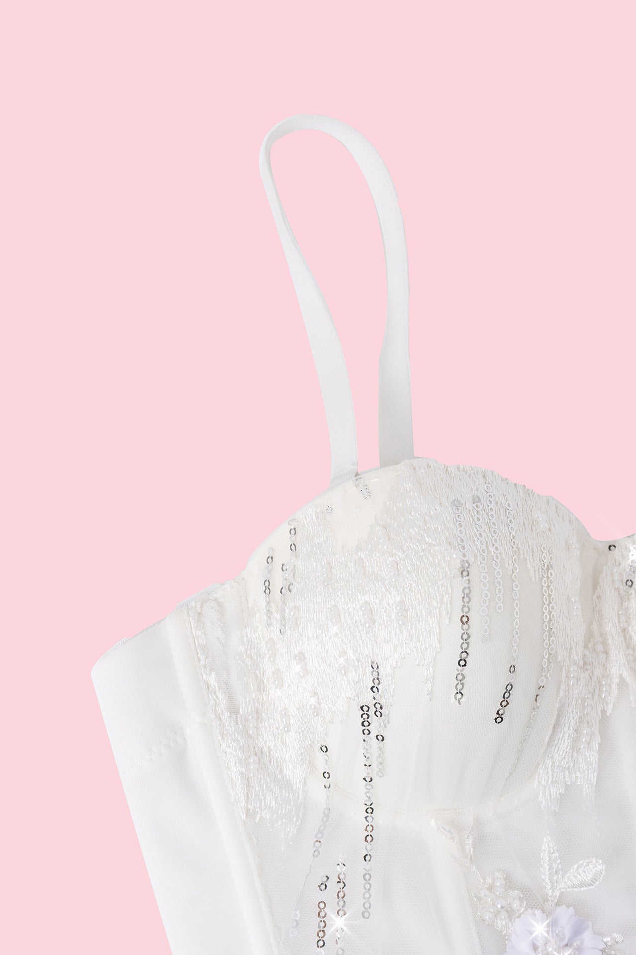 White lace bra with sequins and floral details from Langry fashion ملابس