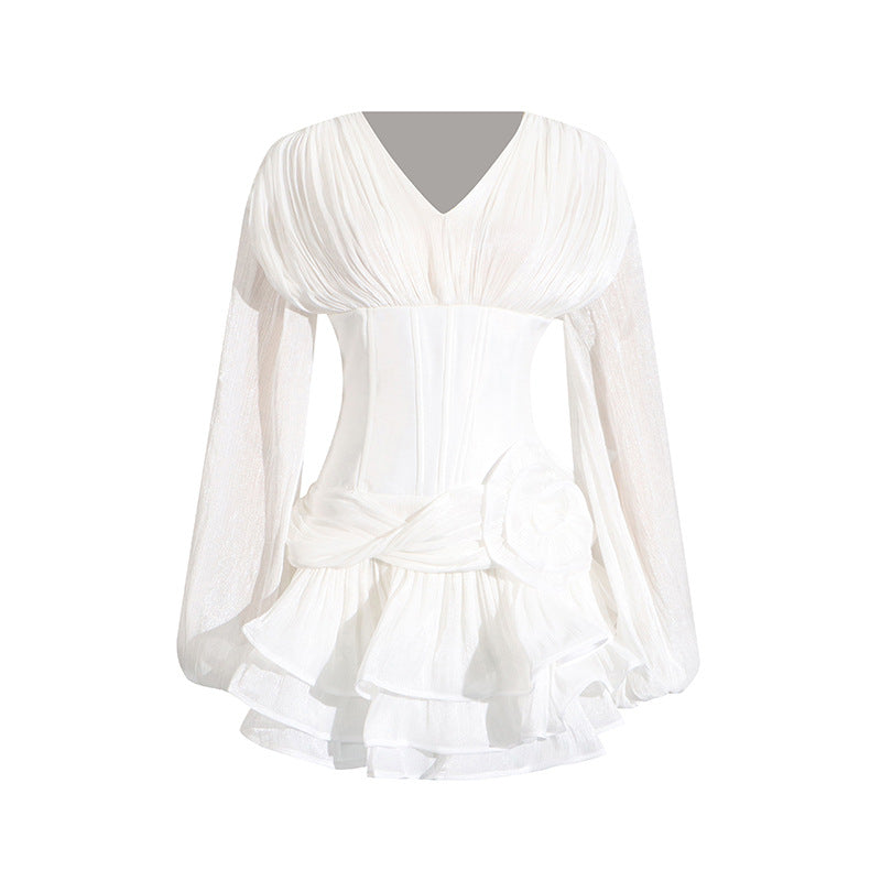 Langry fashion white ruffled blouse with long sleeves and pleated bodice detailing