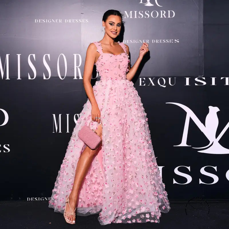 Pink floral sleeveless elegant square collar bohemian gown