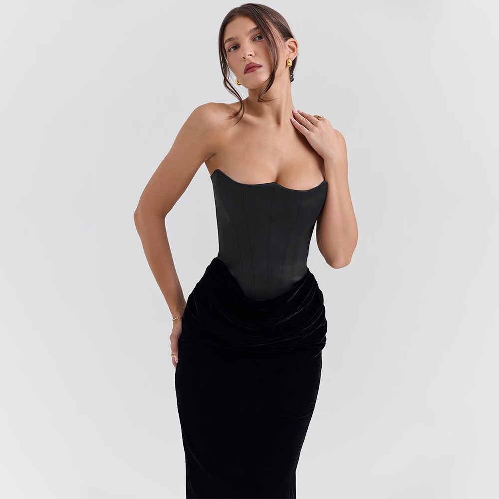 Elegant Tube Top Maxi Dress featuring an elegant strapless black dress design