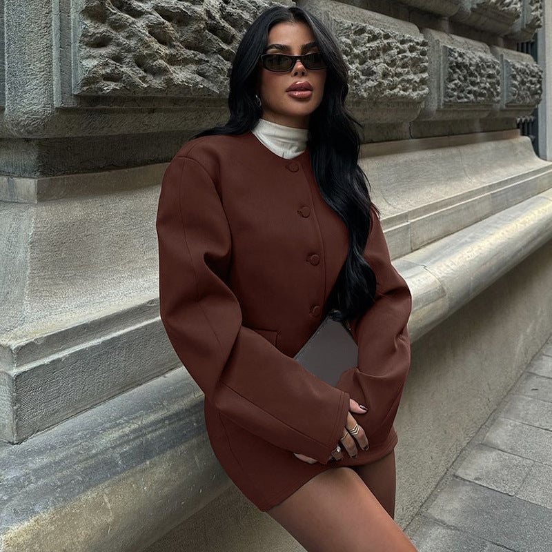 Brown button-up jacket featured in Modern Cardigan Top Slim Fit Skirt Set for stylish fashion