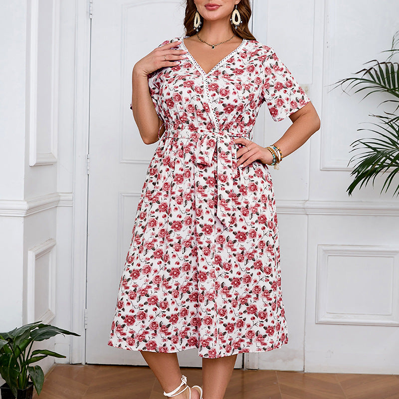 White boho lace floral midi dress with short sleeves, V-neckline, and tie waist