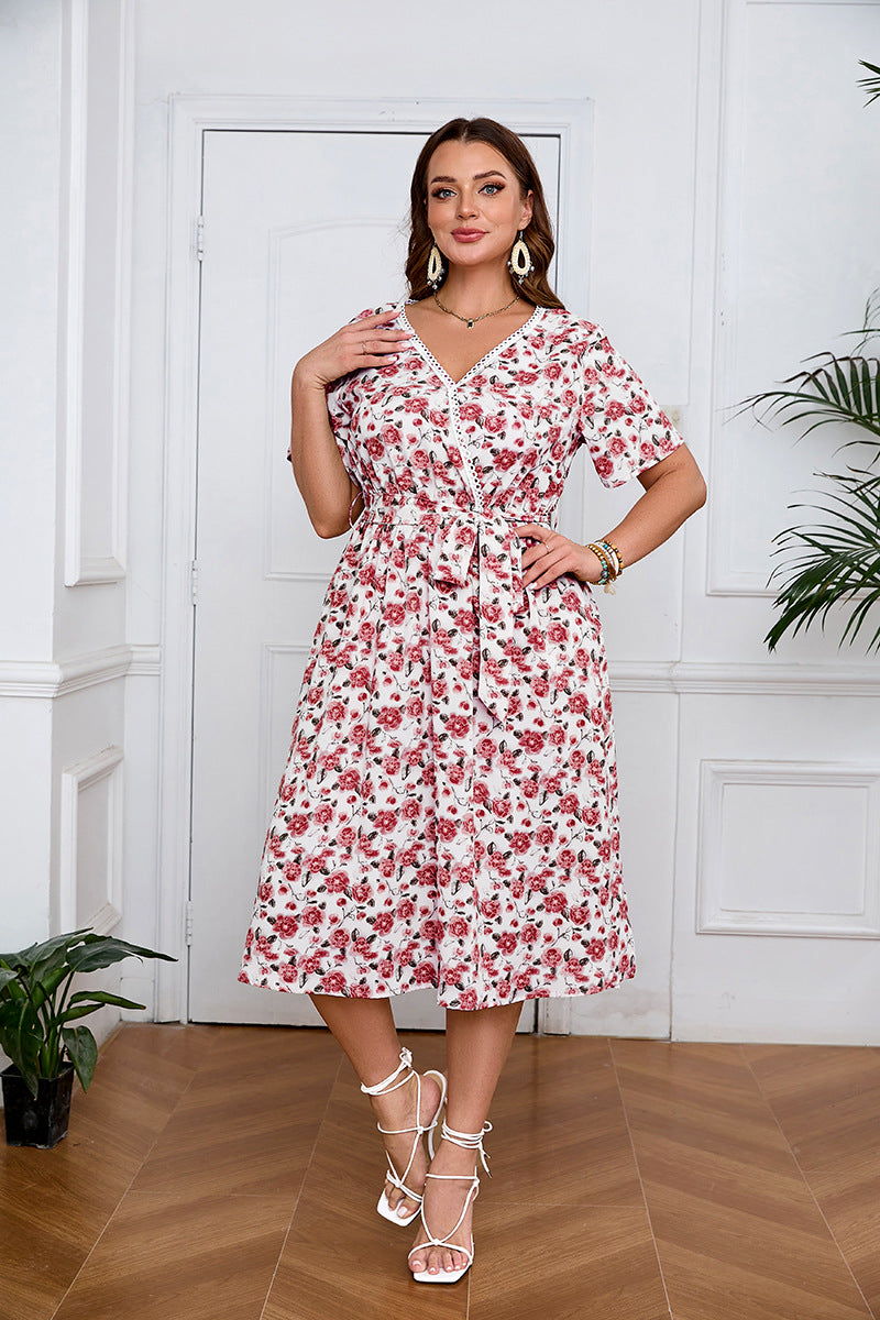 White boho lace floral midi dress with short sleeves, V-neckline, and tie waist