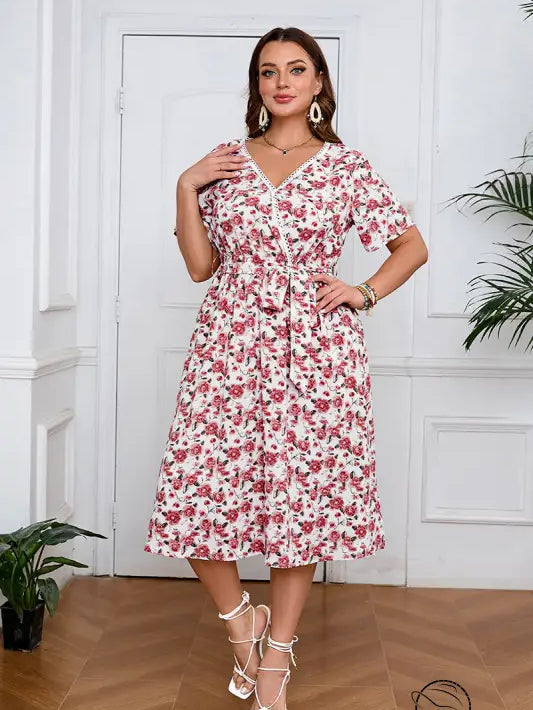 Boho lace floral dress with white print, short sleeves and tie waist