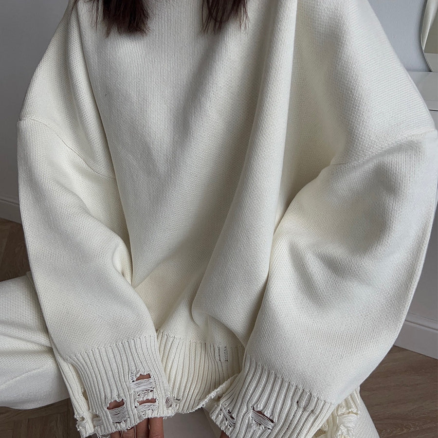 Winter Knitted Ankle Tight Pants Turtleneck Sweater Set