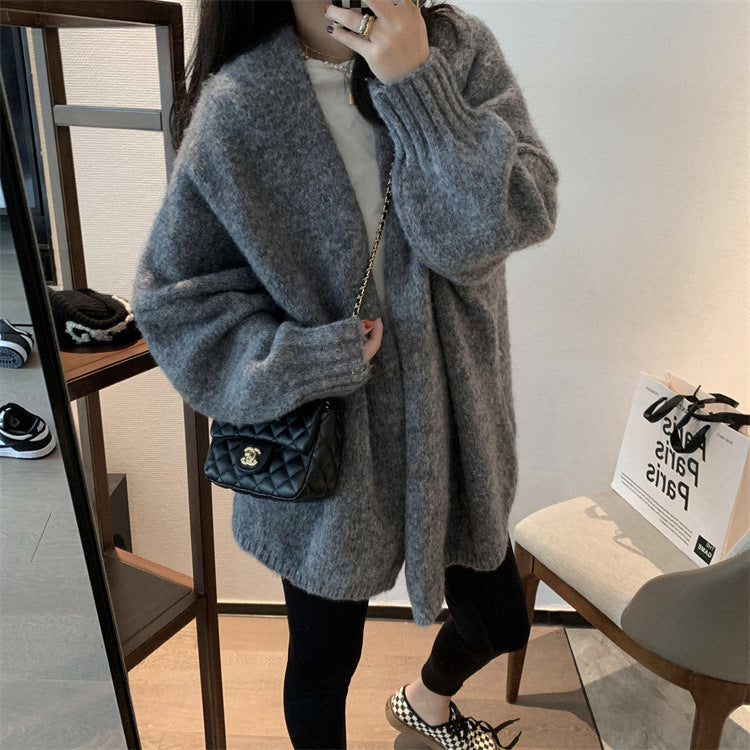Gray oversized long sleeve cardigan from Gentle Mid Length Knitted Coat collection, fashionable style