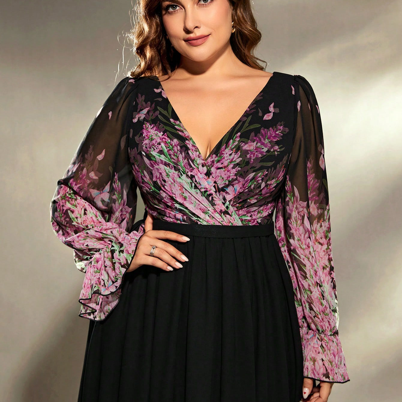 Plus size floral chiffon long sleeve ball gown evening dress with bell sleeves