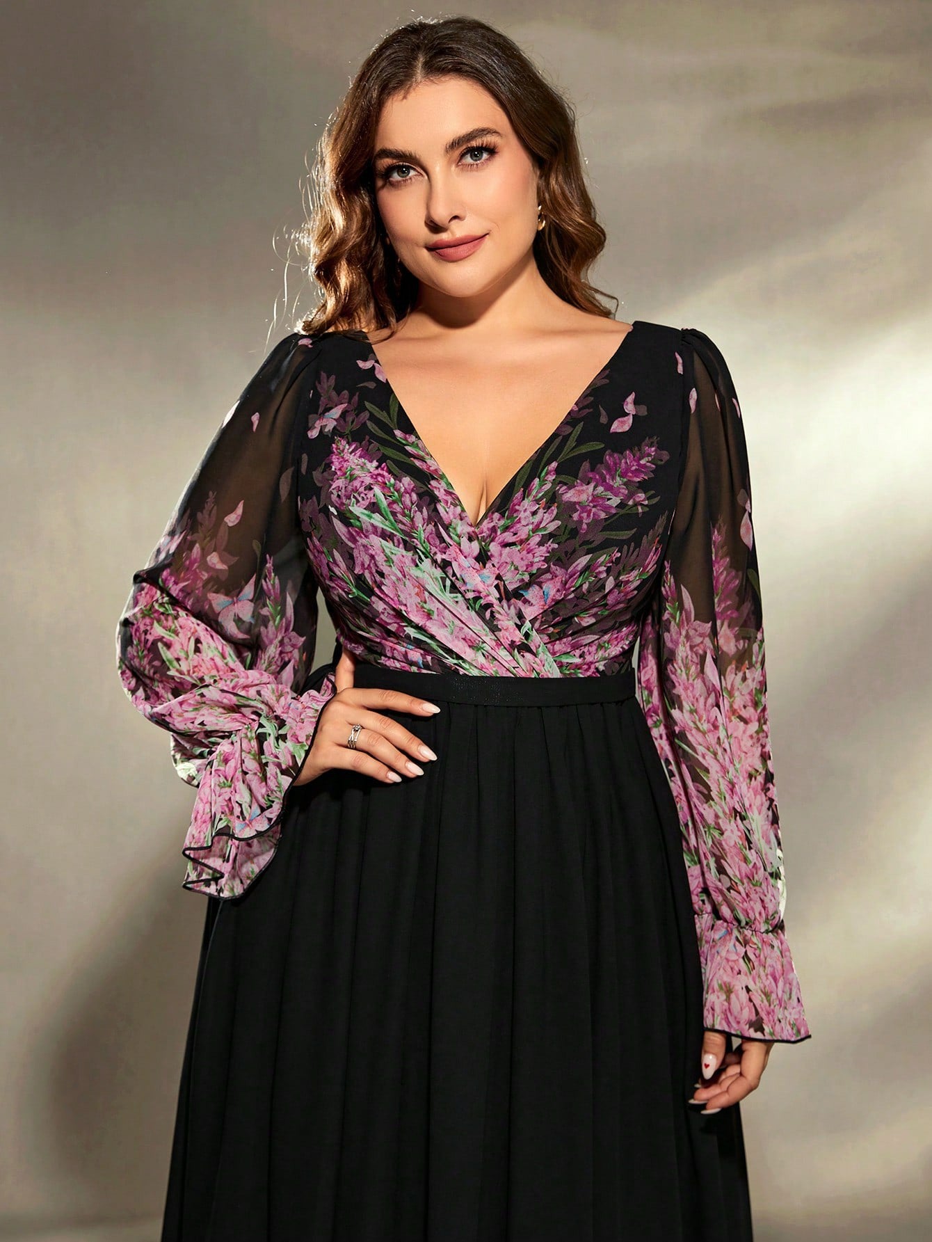 Plus size floral chiffon long sleeve ball gown evening dress with bell sleeves