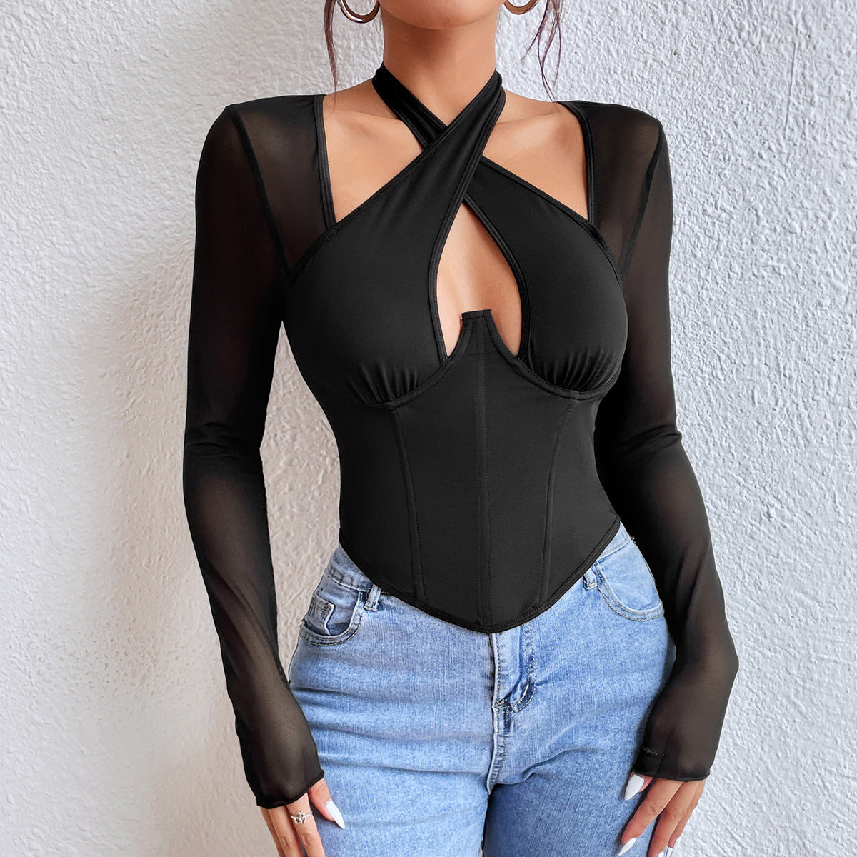 Black halter-neck corset top with sheer sleeves for fashionable langry ملابس styles