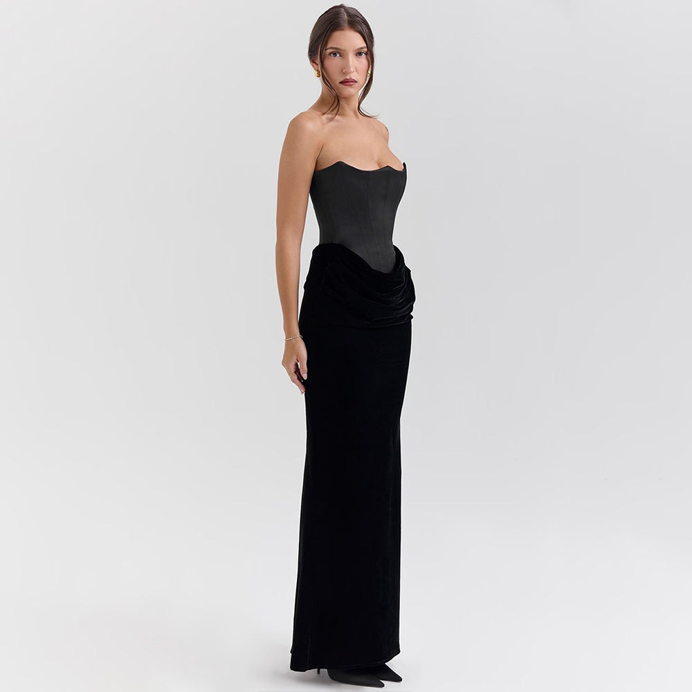 Elegant Tube Top Maxi Dress featuring a strapless black corset design for chic fashion