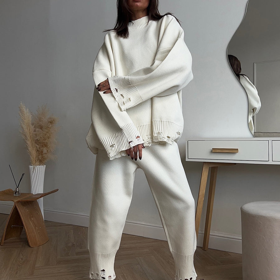 Winter Knitted Ankle Tight Pants Turtleneck Sweater Set