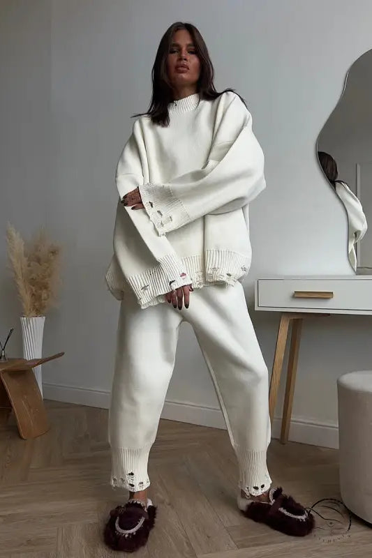 Winter Knitted Ankle Tight Pants Turtleneck Sweater Set