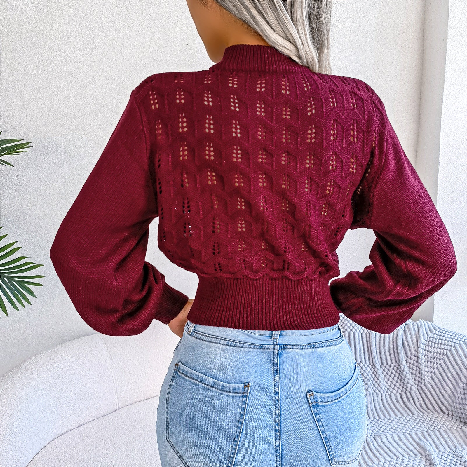 Burgundy knit Lantern Sleeve Cropped Knitted Sweater showcasing stylish fashion for winter