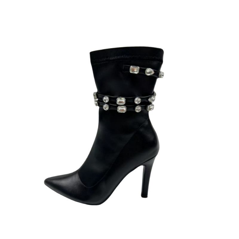 Black stiletto boot with jeweled straps from Rhinestone Stiletto Elastic Thin Boots, perfect for fashion and ملابس