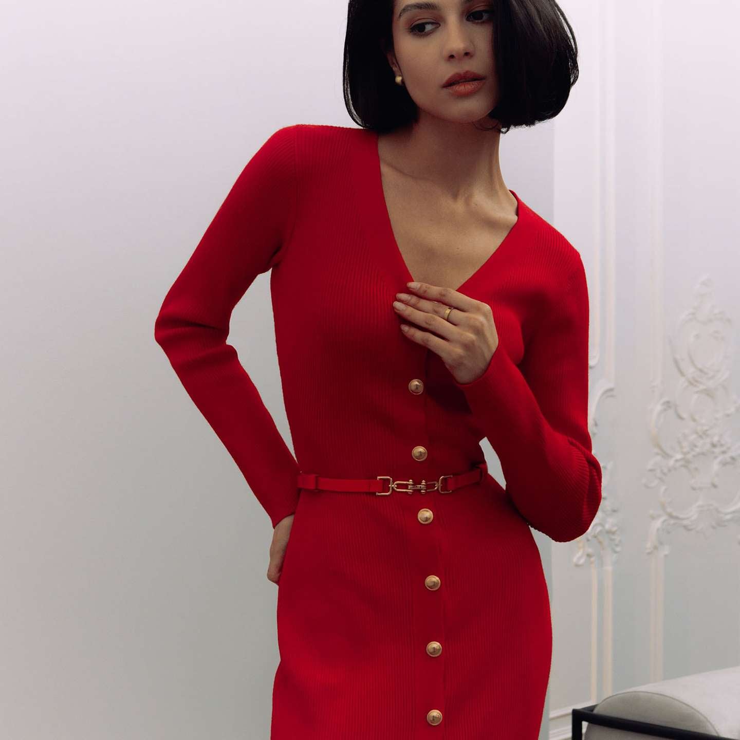 Red long sleeve button-down dress from Cardigan Long Sleeve Knitted Dress collection for fashion