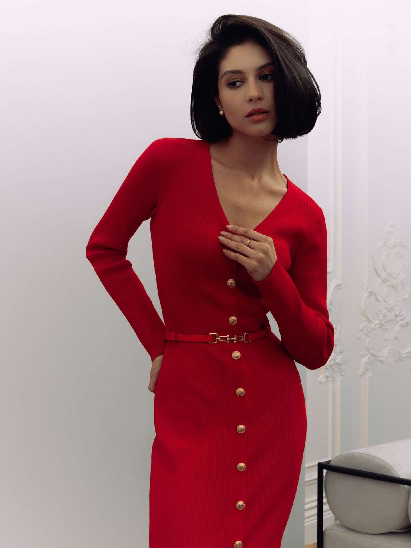Red long sleeve button-down dress from Cardigan Long Sleeve Knitted Dress collection for fashion
