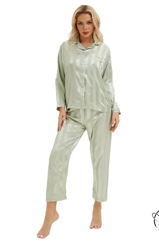 Sleek light green satin langry pajamas with bold stripes, fashion home wear set