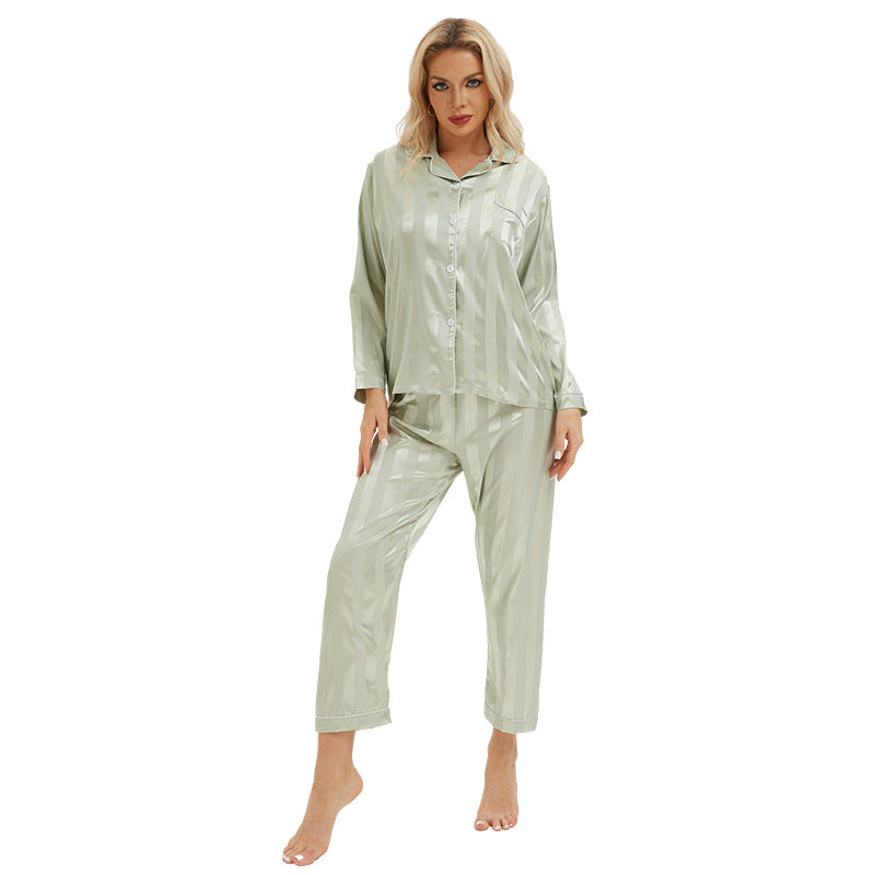 Sleek light green langry satin pajamas with bold stripes and cropped pants