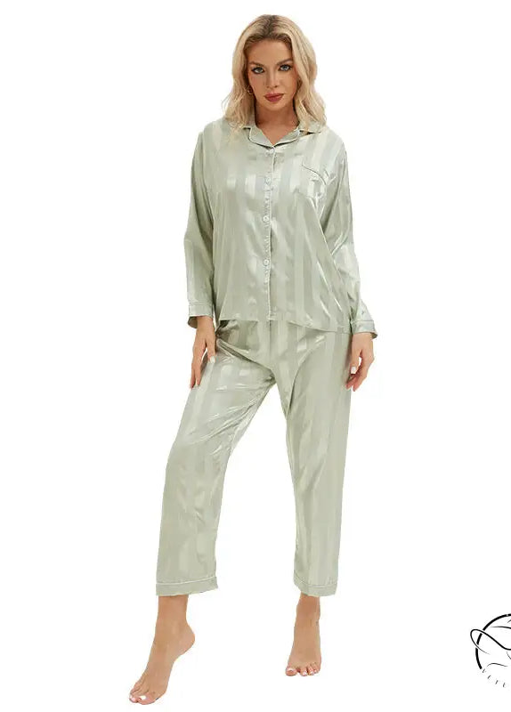 Sleek light green satin langry pajama set with button-up shirt and cropped pants