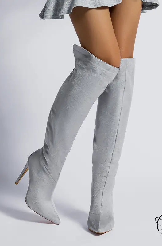Gray thigh-high stiletto boots for langry fashion ملابس