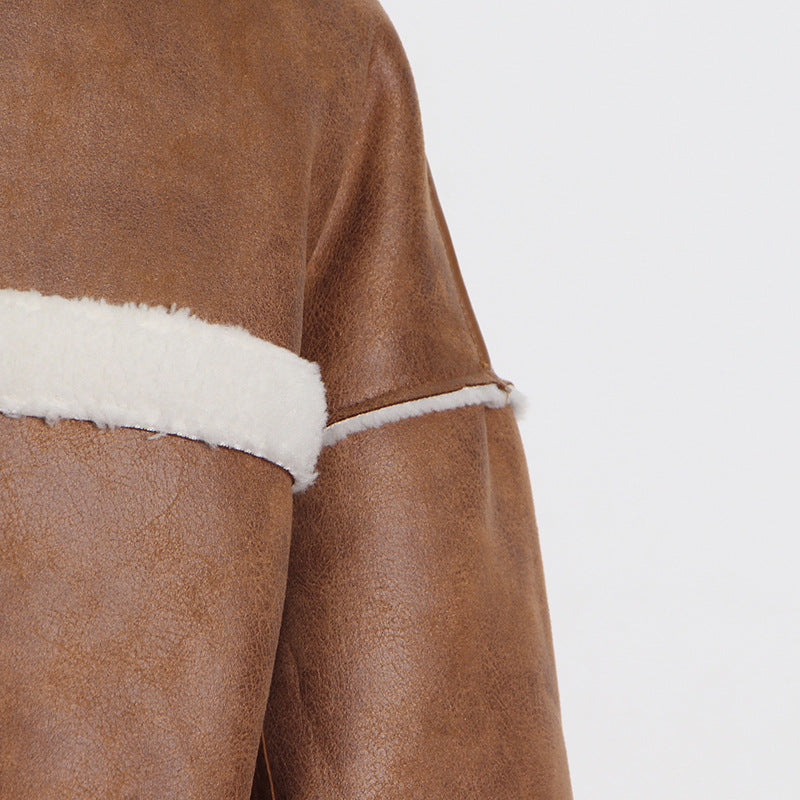 Brown faux leather jacket with white faux fur trim, stylish ملابس for autumn fashion