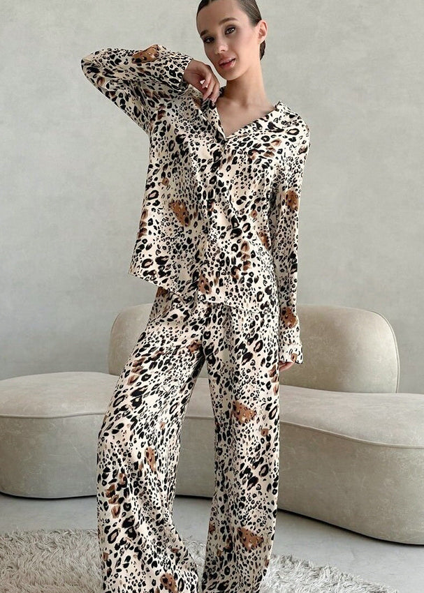 Langry fashion leopard print satin pajama set with long sleeves