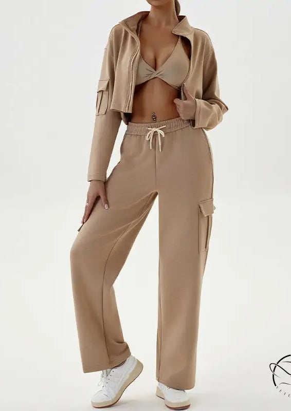 Beige three-piece winter workwear casual sports set with zipper