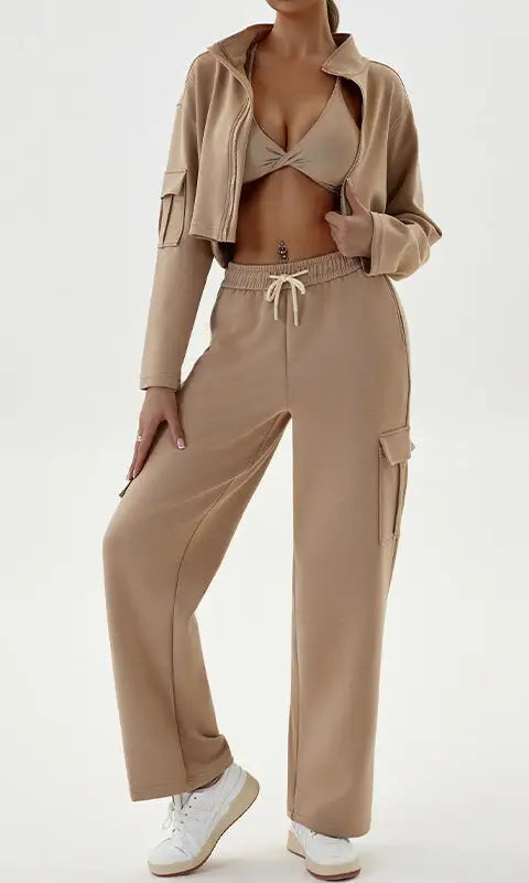 Beige three-piece winter workwear casual sports set with zipper