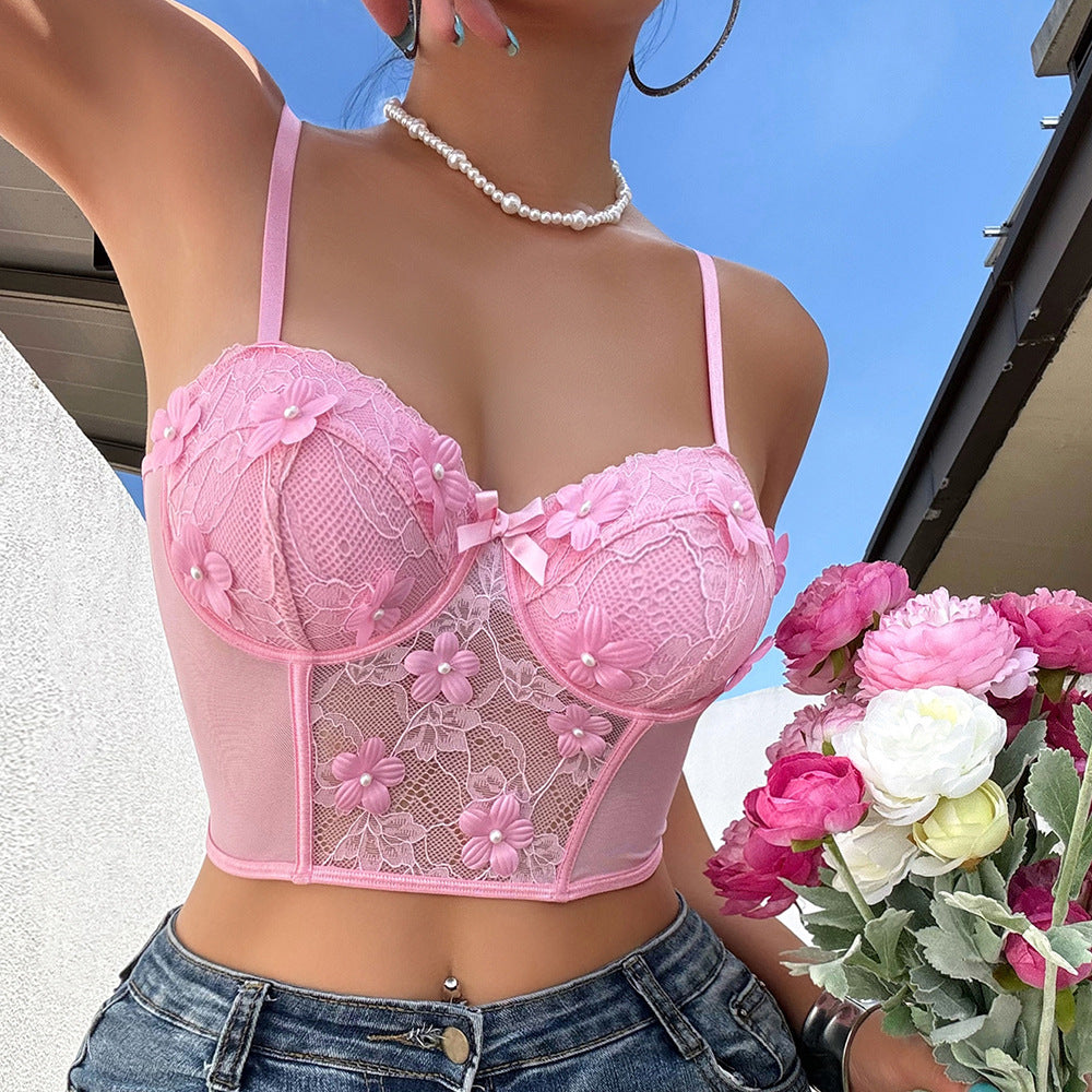 Pink floral lace corset top in Embroidery Straps Bra T Back Two Piece Set for fashionable lingerie