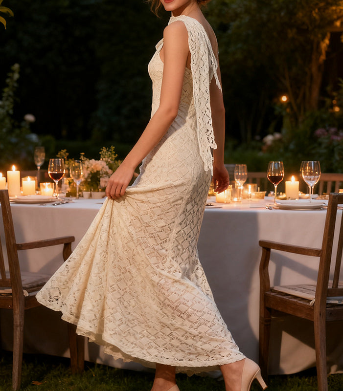 Elegant langry cream lace sleeveless fashion dress with high neckline and slimming waist