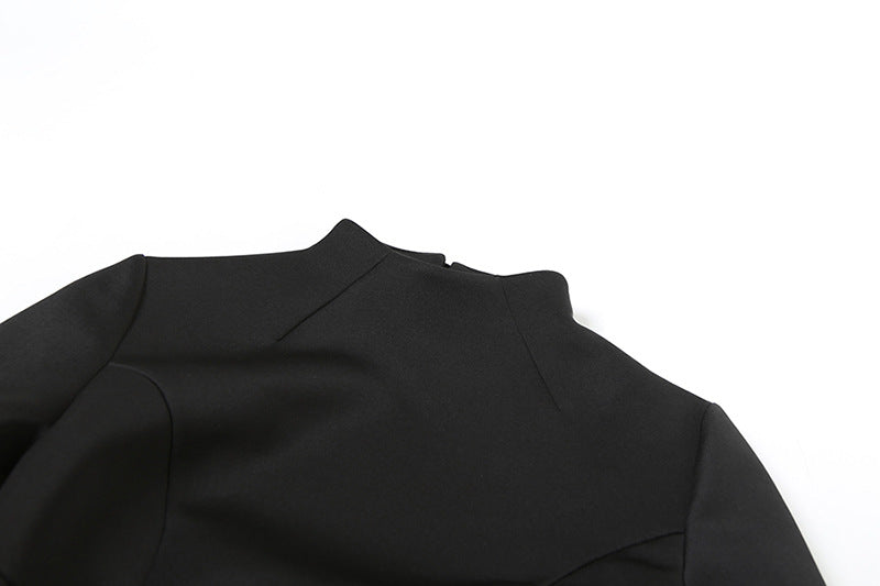 Black high-necked line dress showcasing elegant fashion in a high-class A-line design