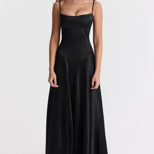 Elegant sleeveless black satin gown in langry fashion evening dress