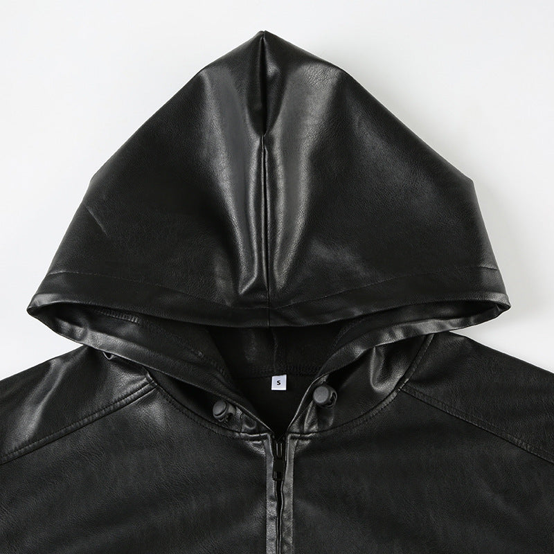 Black faux leather hooded jacket from the Loose Zipper Leather Jacket collection